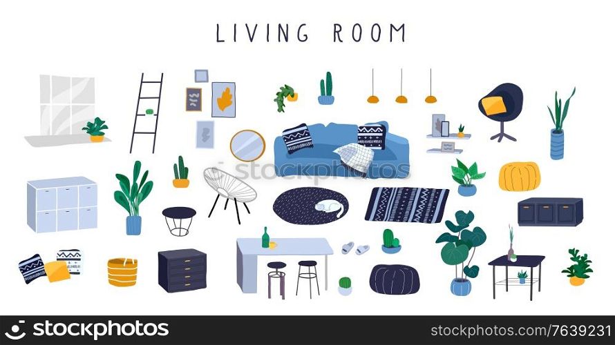 Stylish comfy furniture and modern home decorations bundle in trendy Scandinavian or hygge style. Cozy Interior living rooms or apartments furnished home plants. Flat cartoon vector illustration. Stylish comfy furniture and modern home decorations set in trendy Scandinavian or hygge style. Cozy Interior living rooms or apartments furnished home plants. Flat cartoon vector