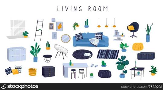 Stylish comfy furniture and modern home decorations bundle in trendy Scandinavian or hygge style. Cozy Interior living rooms or apartments furnished home plants. Flat cartoon vector illustration. Stylish comfy furniture and modern home decorations set in trendy Scandinavian or hygge style. Cozy Interior living rooms or apartments furnished home plants. Flat cartoon vector