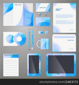 Stylish company brand design template with a modern blue pattern mocked up on a mobile phone and tablet  office supplies and stationery for continuity and identity