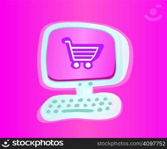 Stylish computer with shopping cart. Vector Illustration.