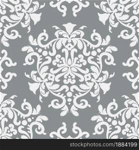 Stylish Damask Seamless Vector Pattern. Silver, gray and white color. For fabric, wallpaper, venetian pattern,textile, packaging.. Stylish Damask Seamless Vector Pattern.