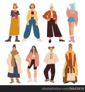 Stylish female characters wearing modern clothes. Isolated personages in jackets and trousers, winter jackets and shorts. Fashion and following trends, students or teenagers. Vector in flat style. Fashionable girls, students or hipster teenagers
