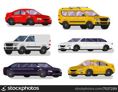 Stylish flat Car. Transport car Symbols collection, limousine black and white, family car, sedan car and truck. Vector car. Stylish Retro Car