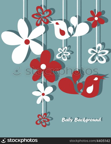 Stylish floral background, hand drawn retro flowers and birds