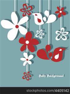 Stylish floral background, hand drawn retro flowers and birds