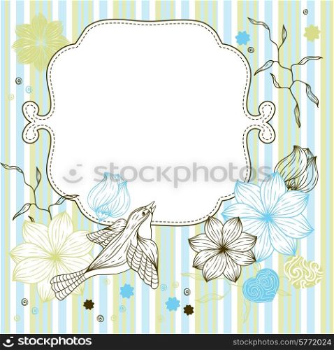 Stylish floral background, hand drawn retro flowers and birds.