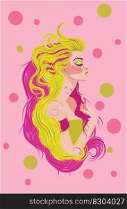 Stylish girl with long hair of pink and yellow color.