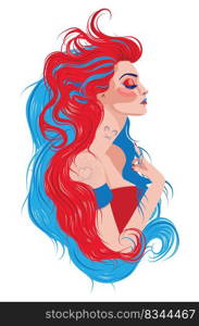 Stylish girl with long hair of red and blue color.