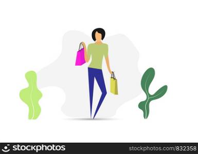 Stylish girl with shopping from the store, flat design.