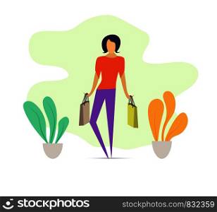 Stylish girl with shopping from the store, flat design.