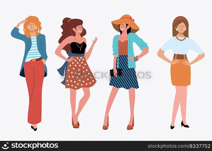Stylish girls outdoors set. Hat, skirt, purse, high heels flat vector illustration. Fashion and style concept for banner, website design or landing web page 