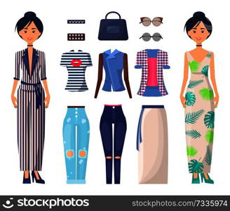 Stylish girls set in summer mode collection of clothes, women in long dress, blouse and trousers, make choice, vector female vogue fashion accessories. Stylish Girls Set Summer Mode Collection Clothes