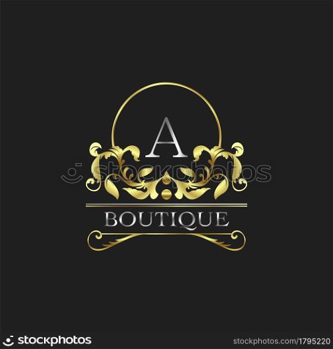 Stylish Graceful Golden Luxury A Logo. Elegance vector template made of wide silver alphabet with line art logo design on half circle line frame.
