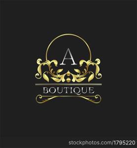 Stylish Graceful Golden Luxury A Logo. Elegance vector template made of wide silver alphabet with line art logo design on half circle line frame.