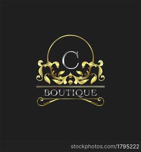 Stylish Graceful Golden Luxury C Logo. Elegance vector template made of wide silver alphabet with line art logo design on half circle line frame.