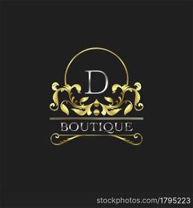 Stylish Graceful Golden Luxury D Logo. Elegance vector template made of wide silver alphabet with line art logo design on half circle line frame.