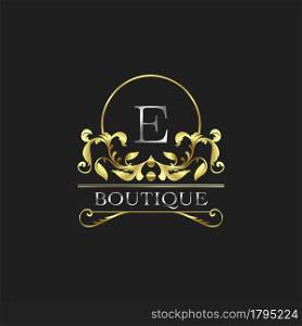 Stylish Graceful Golden Luxury E Logo. Elegance vector template made of wide silver alphabet with line art logo design on half circle line frame.
