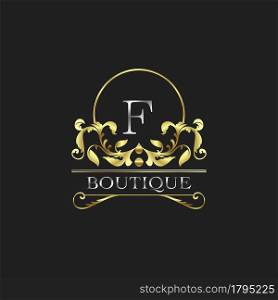 Stylish Graceful Golden Luxury F Logo. Elegance vector template made of wide silver alphabet with line art logo design on half circle line frame.