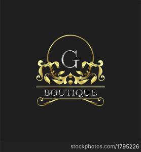 Stylish Graceful Golden Luxury G Logo. Elegance vector template made of wide silver alphabet with line art logo design on half circle line frame.