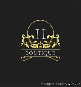Stylish Graceful Golden Luxury H Logo. Elegance vector template made of wide silver alphabet with line art logo design on half circle line frame.