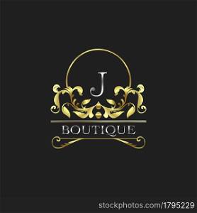 Stylish Graceful Golden Luxury J Logo. Elegance vector template made of wide silver alphabet with line art logo design on half circle line frame.