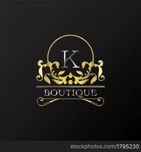 Stylish Graceful Golden Luxury K Logo. Elegance vector template made of wide silver alphabet with line art logo design on half circle line frame.