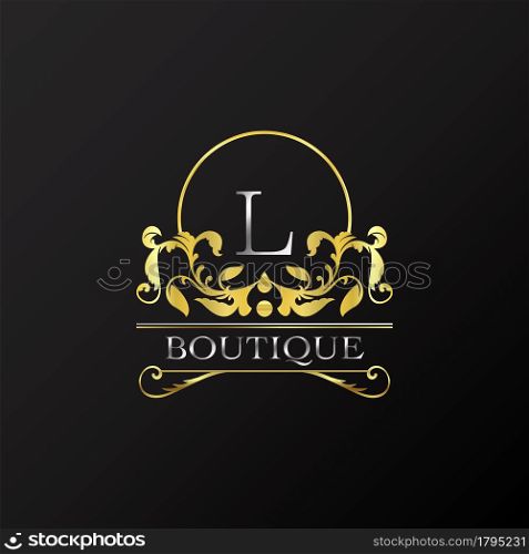 Stylish Graceful Golden Luxury L Logo. Elegance vector template made of wide silver alphabet with line art logo design on half circle line frame.