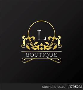 Stylish Graceful Golden Luxury L Logo. Elegance vector template made of wide silver alphabet with line art logo design on half circle line frame.