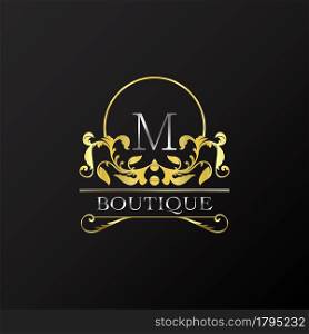 Stylish Graceful Golden Luxury M Logo. Elegance vector template made of wide silver alphabet with line art logo design on half circle line frame.