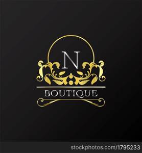 Stylish Graceful Golden Luxury N Logo. Elegance vector template made of wide silver alphabet with line art logo design on half circle line frame.