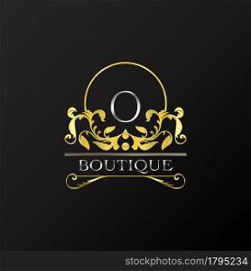 Stylish Graceful Golden Luxury O Logo. Elegance vector template made of wide silver alphabet with line art logo design on half circle line frame.