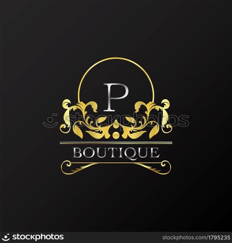 Stylish Graceful Golden Luxury P Logo. Elegance vector template made of wide silver alphabet with line art logo design on half circle line frame.