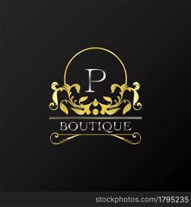 Stylish Graceful Golden Luxury P Logo. Elegance vector template made of wide silver alphabet with line art logo design on half circle line frame.
