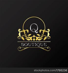 Stylish Graceful Golden Luxury Q Logo. Elegance vector template made of wide silver alphabet with line art logo design on half circle line frame.