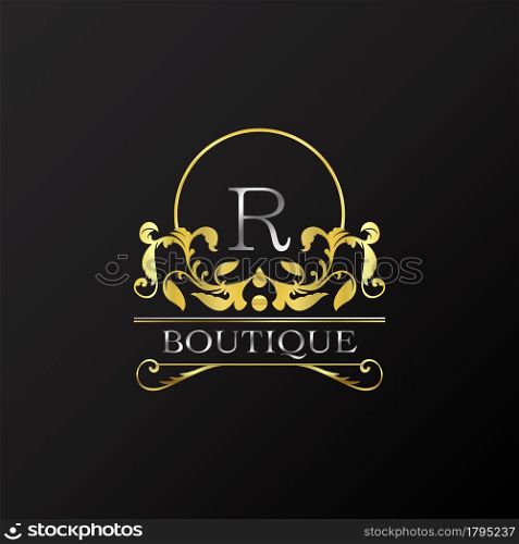 Stylish Graceful Golden Luxury R Logo. Elegance vector template made of wide silver alphabet with line art logo design on half circle line frame.
