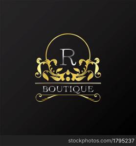 Stylish Graceful Golden Luxury R Logo. Elegance vector template made of wide silver alphabet with line art logo design on half circle line frame.