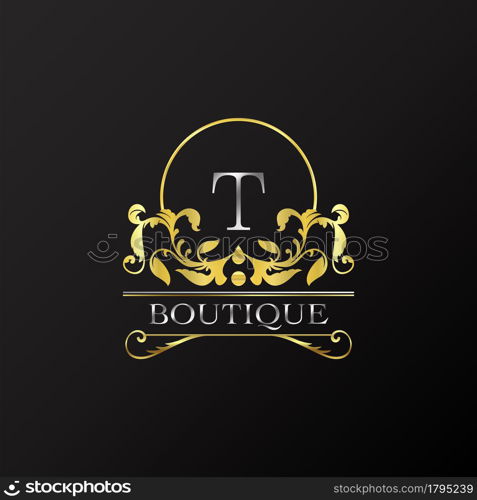 Stylish Graceful Golden Luxury T Logo. Elegance vector template made of wide silver alphabet with line art logo design on half circle line frame.