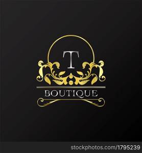 Stylish Graceful Golden Luxury T Logo. Elegance vector template made of wide silver alphabet with line art logo design on half circle line frame.