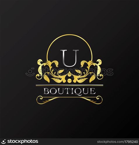Stylish Graceful Golden Luxury U Logo. Elegance vector template made of wide silver alphabet with line art logo design on half circle line frame.
