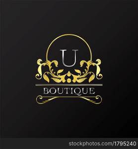 Stylish Graceful Golden Luxury U Logo. Elegance vector template made of wide silver alphabet with line art logo design on half circle line frame.