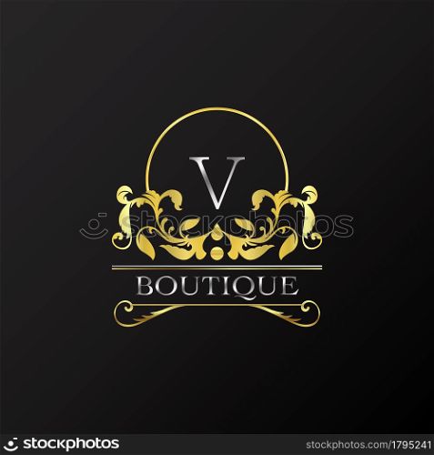 Stylish Graceful Golden Luxury V Logo. Elegance vector template made of wide silver alphabet with line art logo design on half circle line frame.