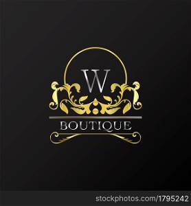 Stylish Graceful Golden Luxury W Logo. Elegance vector template made of wide silver alphabet with line art logo design on half circle line frame.