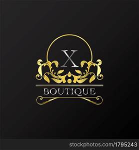 Stylish Graceful Golden Luxury X Logo. Elegance vector template made of wide silver alphabet with line art logo design on half circle line frame.