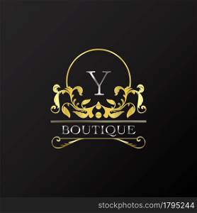 Stylish Graceful Golden Luxury Y Logo. Elegance vector template made of wide silver alphabet with line art logo design on half circle line frame.