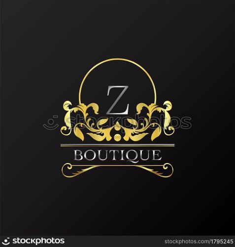 Stylish Graceful Golden Luxury Z Logo. Elegance vector template made of wide silver alphabet with line art logo design on half circle line frame.
