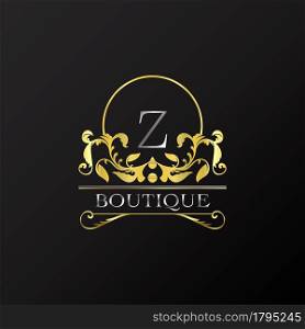 Stylish Graceful Golden Luxury Z Logo. Elegance vector template made of wide silver alphabet with line art logo design on half circle line frame.