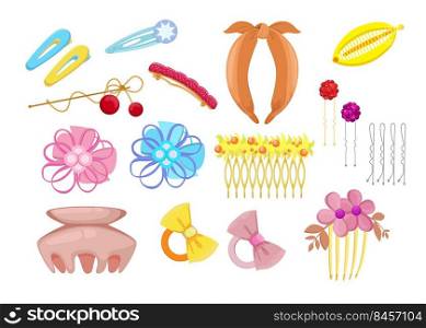 Stylish hair accessories flat illustration set. Cartoon different head bands, plastic clips and hoops with flowers isolated vector illustration collection. Fashion and hairstyle concept