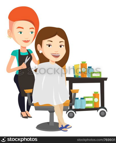 Stylish hairdresser cutting hair of young woman in beauty saloon. Hairdresser making haircut to a client with scissors in beauty saloon. Vector flat design illustration isolated on white background.. Hairdresser making haircut to young woman.