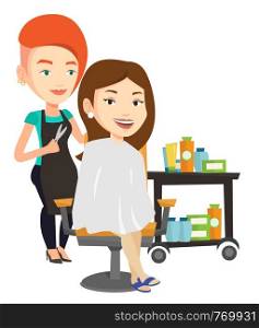 Stylish hairdresser cutting hair of young woman in beauty saloon. Hairdresser making haircut to a client with scissors in beauty saloon. Vector flat design illustration isolated on white background.. Hairdresser making haircut to young woman.