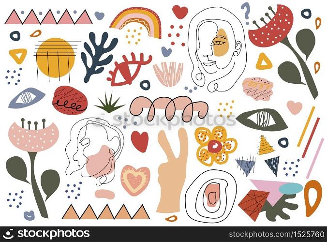 Stylish Hand drawing set of shapes and doodle objects, line art faces. Abstract retro modern trendy hipster style. Vector illustration.. Stylish Hand drawing set of shapes and doodle objects, line art faces. Abstract retro modern trendy hipster style. Vector illustration